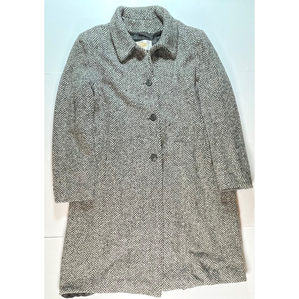 Talbots Herringbone Coat Womens 14 Gray Vintage Wool Blend Made in USA Jacket